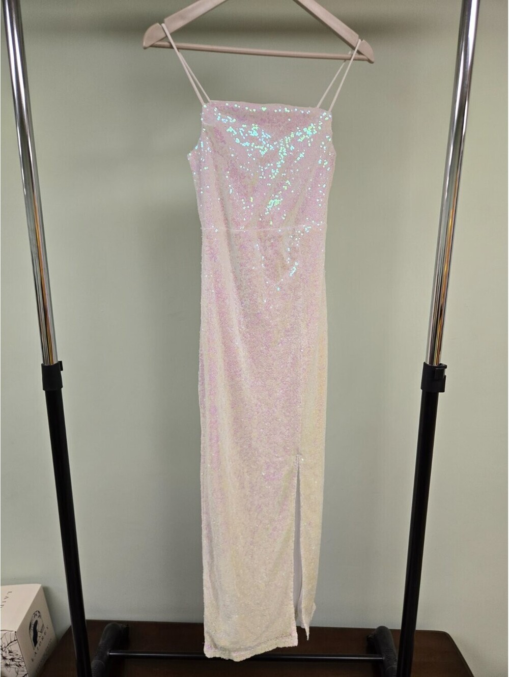 Justify Iridescent Sequin Maxi Dress Womens S White Spaghetti Strap Slit Prom